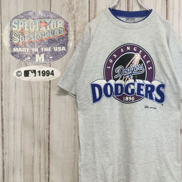 【90s USA製 ドジャース 半袖ロゴTシャツ】Dodgers 折り返し M グレー 古着