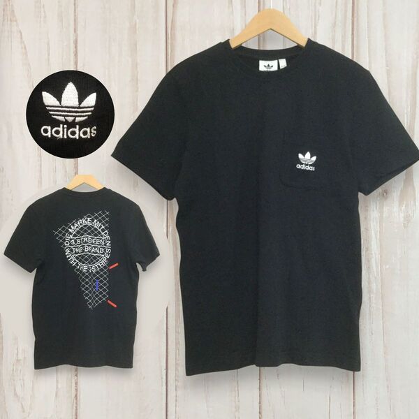 【アディダス 半袖Tシャツ】 トレフォイル刺繍 ポケット 背面プリントデザイン 美品 L 黒 adidas 古着
