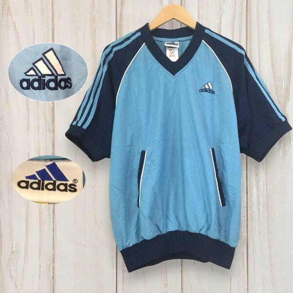 【アディダス 半袖Vネックプルオーバー】 ロゴ刺繍 ナイロン スリーライン 90sタグ M 水色 adidas 古着