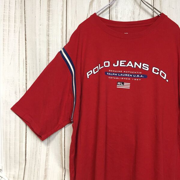 【ポロジーンズ 半袖ビッグロゴTシャツ】ビッグロゴ 袖ロゴワッペン 2XL相当 赤 POLO JEANS 古着