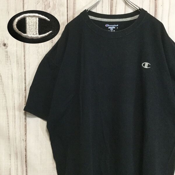 【チャンピオン 半袖ロゴTシャツ】ロゴ刺繍 超ビッグサイズ 4XL相当 黒 Champion 古着