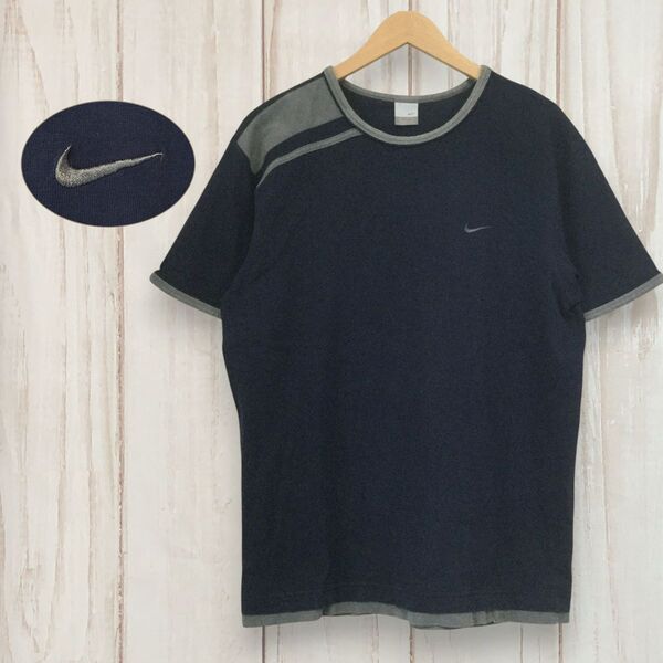 【ナイキ リンガーTシャツ】 00s ロゴ刺繍 半袖 XL ネイビー NIKE 古着