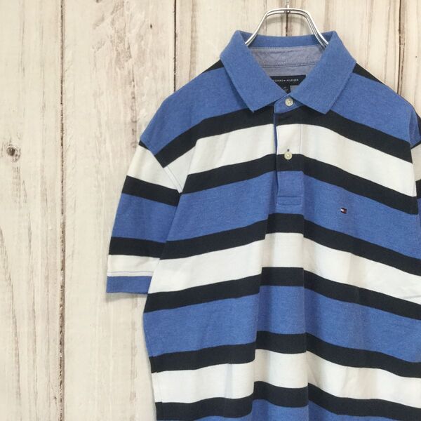 【トミーヒルフィガー 半袖ロゴ刺繍ポロシャツ】ボーダー XL相当 水色 黒 白 TOMMY HILFIGER 古着