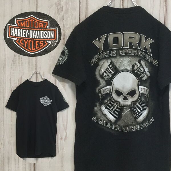 【ハーレーダビッドソン 半袖ロゴTシャツ】背面ビッグロゴ ロゴプリント 袖ロゴ 丸胴 S 黒 Harley-Davidson 古着