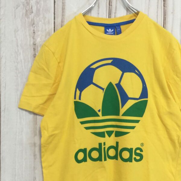 【アディダス 半袖ビッグロゴTシャツ】トレフォイル サッカー M 黄 adidas 古着