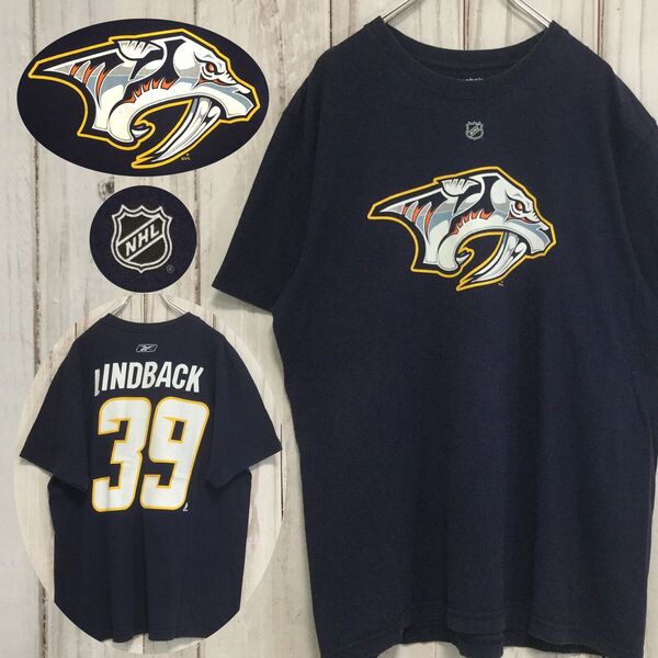 【リーボック 半袖ビッグロゴTシャツ】丸胴 NHLロゴプリント プレデターズ ビッグサイズ XL ネイビー Reebok 古着