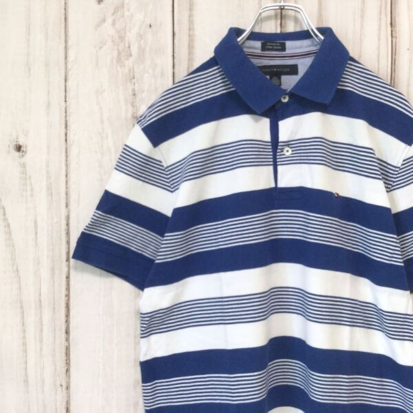 【トミーヒルフィガー 半袖ロゴ刺繍ポロシャツ】ボーダー XL相当 青 白 TOMMY HILFIGER 古着