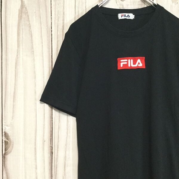 【フィラ 半袖ロゴ刺繍Tシャツ】ボックスロゴ L 黒 FILA 古着