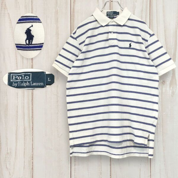 【ポロラルフローレン 半袖ロゴ刺繍ポロシャツ】 海外サイズ ボーダー L 白 POLO RALPH LAUREN 古着