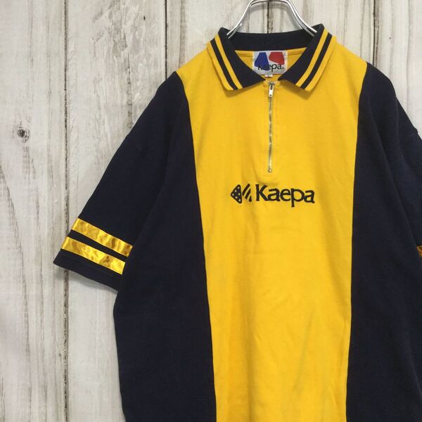 【ケイパ 半袖ポロシャツ】ハーフジップ 配色 L 黄 ネイビー Kaepa 古着