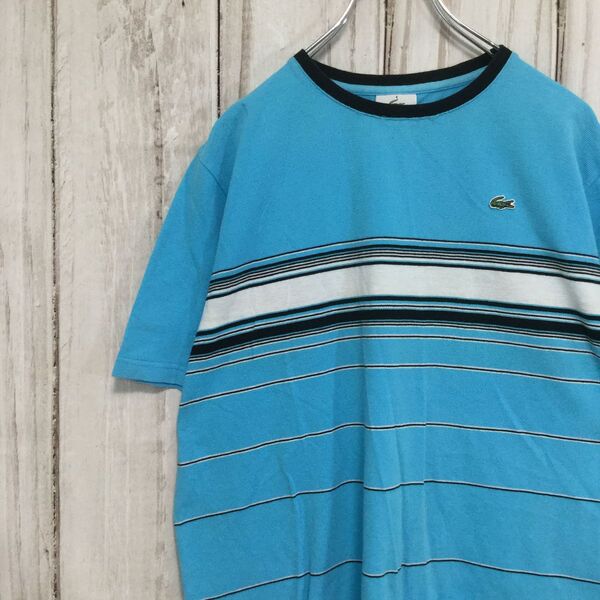 【ラコステ ロゴ刺繍半袖Tシャツ】ボーダー L相当 水色 LACOSTE 古着