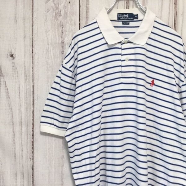 【ポロラルフローレン 半袖ロゴ刺繍ポロシャツ】ボーダー 定番 XL POLO RALPH LAUREN 古着