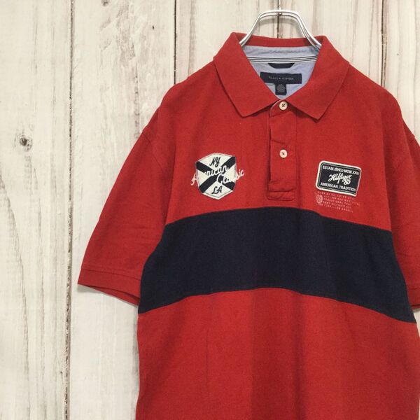 【トミーヒルフィガー 半袖ポロシャツ】 鹿の子 ロゴワッペン L 赤 TOMMY HILFIGER 古着