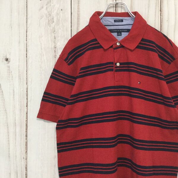 【トミーヒルフィガー 半袖ロゴ刺繍ポロシャツ】ボーダー ビッグサイズ 2XL相当 赤 黒 TOMMY HILFIGER 古着