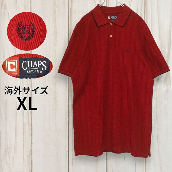 【チャップス 半袖ロゴ刺繍ポロシャツ】 海外サイズ ロゴ刺繡 襟袖ライン 2XL相当 赤 Chaps 古着