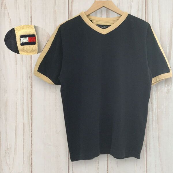 【トミーヒルフィガー 半袖VネックTシャツ】 リンガー 袖ロゴ M ネイビー TOMMY HILFIGER 古着 メンズ