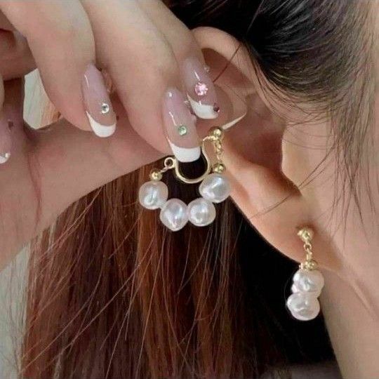 パール イヤリング 4粒 フープ バロックパール イヤーカフ 痛くない 新品未使用 真珠 レディース ウエディング 4連パール
