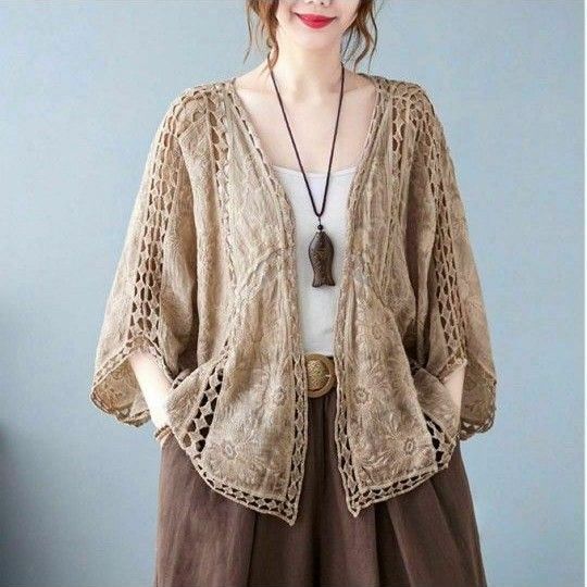 大人気 カーディガン ボレロ 総レース 薄茶色 ライトブラウン 夏 アジアン お洒落 レディース 新品未使用 羽織り 冷房対策