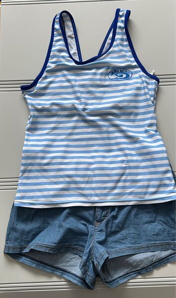 PIKO ピコ 【160】 キッズ ガールズ 女児 水着 ストライプ デニム風ショートパンツ付き セパレート
