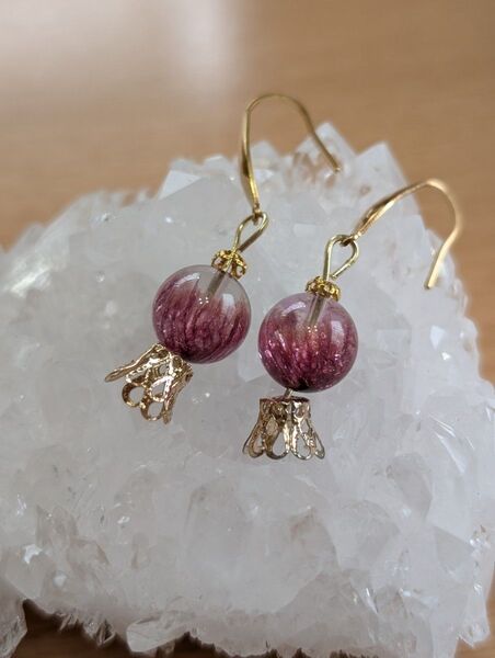 【天然石】花火水晶 ハンドメイド ピアス