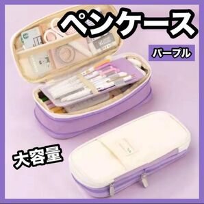 ペンケース パープル 拡張 大容量 筆箱 ファスナー 多機能 ポーチ 学生 小物入れ 男女兼用 多機能 オシャレ 紫色 かわいい