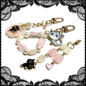 【リメイク】3個セット ハンドメイド 猫 チャーム キーホルダー ピンク