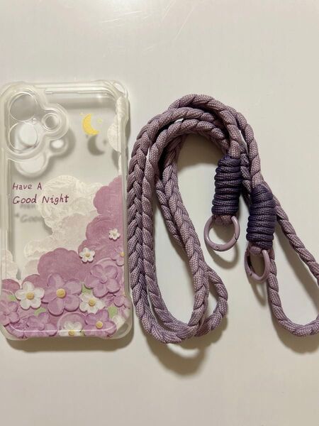 iPhone16用スマホケース ショルダーストラップ付 花柄 紫