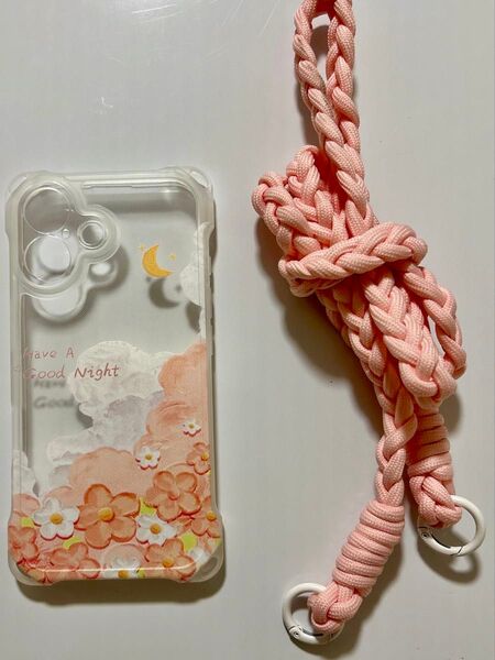 iPhone16用ケース ショルダーストラップ付 花柄 ピンク