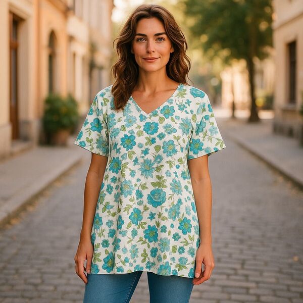 WHITE STAG XL チュニック 花柄 総柄 ブラウス 半袖 青 白 Tシャツ 大きめサイズ 着痩せ 体型隠し 裾フレア