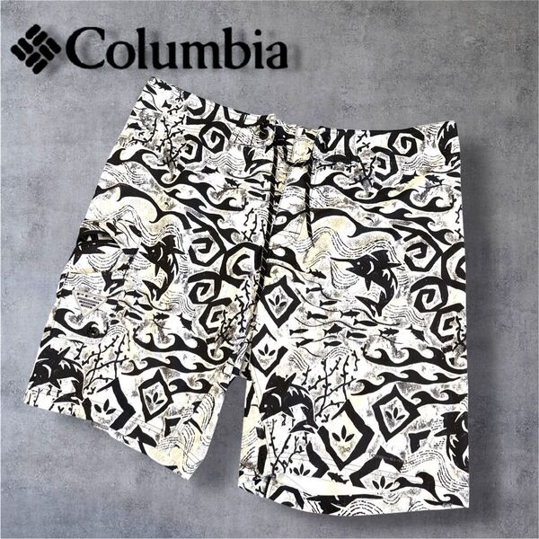 Columbia Lサイズ ハーフパンツ ショートパンツ 総柄 魚 鮫 ホワイト ブラック 水着 サーフパンツ トランクス
