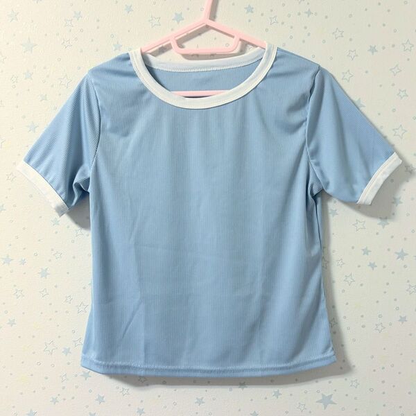 Tシャツ 半袖 トップス 半袖Tシャツ プルオーバー カットソー リブ バイカラー 韓国風 水色 春夏 美品