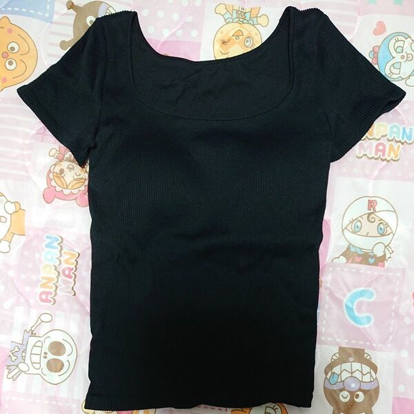 UNIQLO スクエアネックリブTシャツ 黒 (Lサイズ)