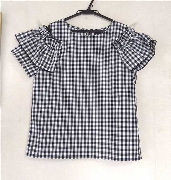 ヴェロフォンナ オフショルダー チェック柄シャツ 半袖 38 9号 トップス 洗える ギンガムチェック ブラウス シャツ