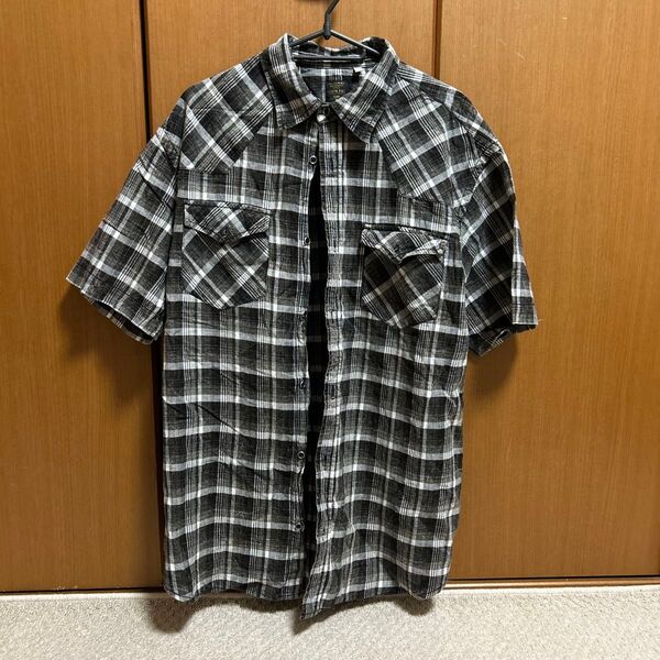 グローバルワーク 半袖チェックシャツ Lサイズ 黒×白 メンズ