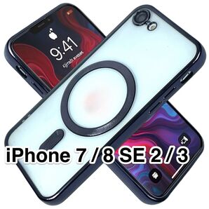 iPhone SE3/SE2/8/7ケース クリアTPU 高級メッキ Magsafeシェル カメラレンズ保護フィルム ブラック 黒
