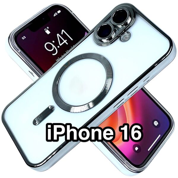 iPhone16ケース クリアTPU 高級メッキ加工 Magsafeシェル カメラレンズ保護フィルム シルバー