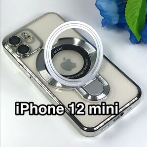 iPhone12miniケース TPUクリア 高級メッキ 薄型軽量リングスタンド Magsafe カメラレンズ保護 シルバー