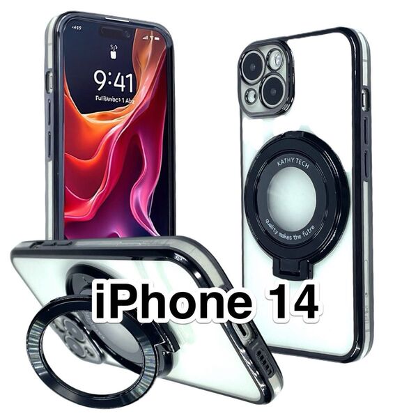 iPhone14ケース クリアTPU 黒メッキ加工 MagSafe マグセーフ 磁気 リングスタンド ブラック