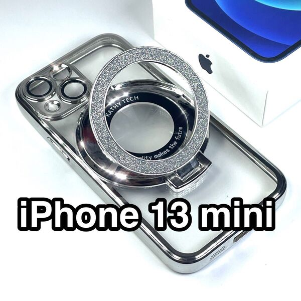 iPhone13miniケース クリアTPU 軽量 MagSafe 磁気 大型グリッターリングスタンド カメラレンズ保護 シルバー