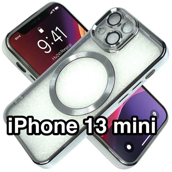 iPhone13miniケース クリアTPU 高級メッキ加工 Magsafe カメラレンズ保護フィルム シルバー