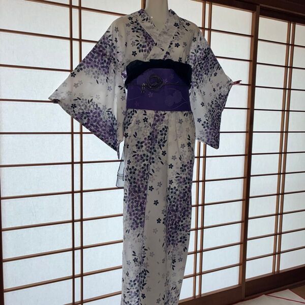 浴衣 紫×黒 花柄 フリーサイズ