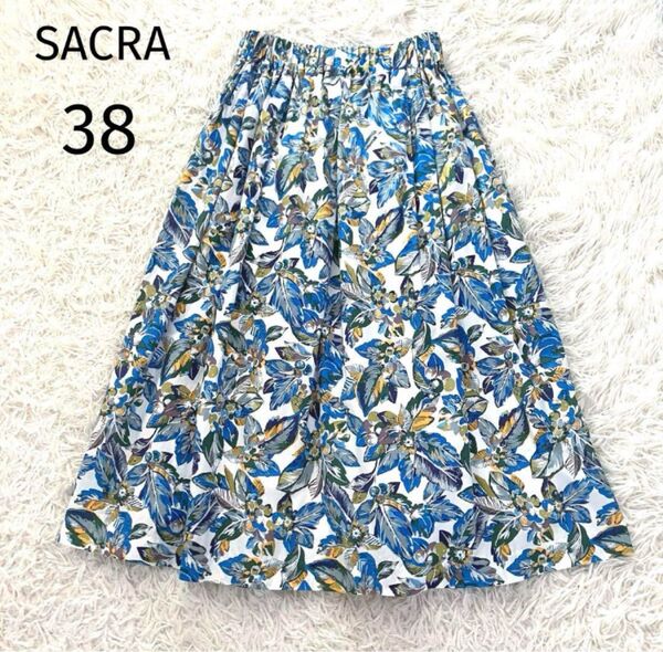 SACRA ボタニカル フラワー コットン タック ロング フレアスカート 花柄 38