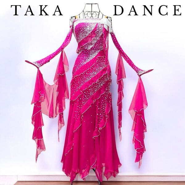 TAKA DANCE タカダンス 高級 社交ダンス スタンダードドレス 舞台衣装 パーティー 発表会 パッションピンク S