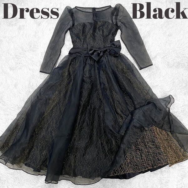 Dress Black ドレスブラック 高級 ロングドレス パーティー 演奏会 オーガンジー 黒 ゴールド