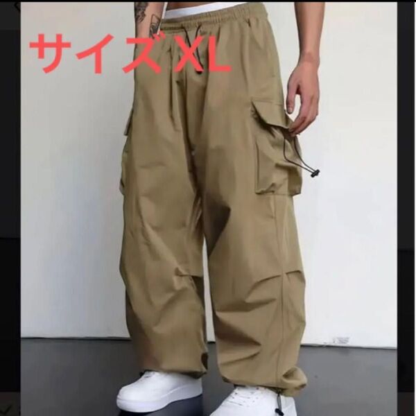メンズ ルーズフィット マルチポケットパンツ、ワイドパンツ ルーズカーゴパンツ パラシュートパンツストリート 流行 人気 カーキ