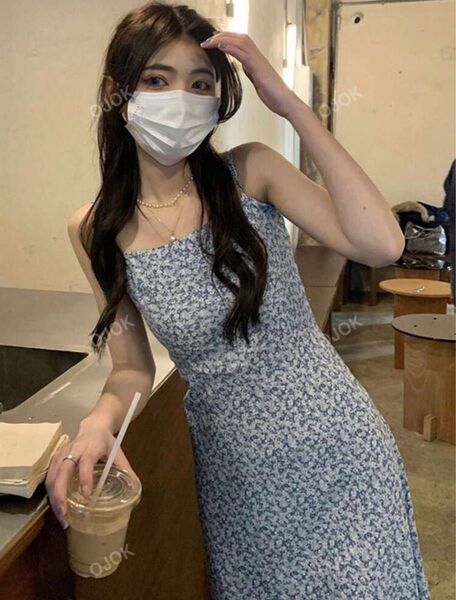 【新品未着用】SHEIN 小花柄 キャミワンピース ロング丈 ブルー Sサイズ ワンピース 花柄 キャミソールワンピース