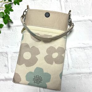 【No.43】北欧花柄 モダンフラワー アクアブルー×モカグレージュ スマホポーチ ハンドメイド