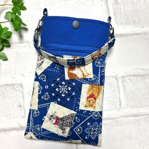 猫 ペイズリー柄 ブルー スマホポーチ ハンドメイド