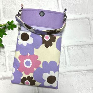 【No.18】北欧花柄 リトルフフラ柄 ラベンダーモーヴ スマホポーチ ハンドメイド