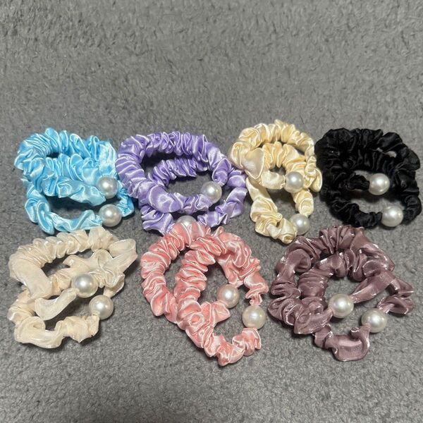 ヘアゴム シュシュ パール付き 7色各2個セット